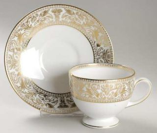 Wedgwood Florentine Gold White Body Leigh Shape Footed Cup & Saucer Set, Fine Ch