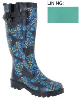 Capelli New York Shiny Painted Butterflies Ladies Tall Sporty Rubber Rain Boot Navy Combo 8: Shoes