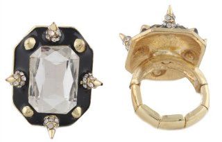 2 Pieces of Gold, Clear and Black Enamel with Rhinestone and Spikes Stretch Ring: Jewelry