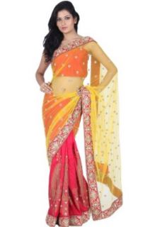 Saffron Yellow and Amaranth Red Viscose Embroidered Saree: Clothing