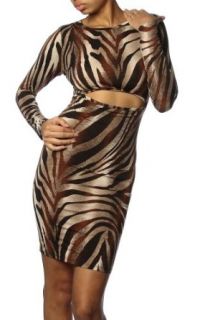 Pinkclubwear Zebra Print Long Sleeve Cutout Scoop Neck Knee Length Dress