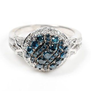 Blue & White Diamond Fashion Cocktail Ring Sterling Silver Fine Jewelry: Jewelry