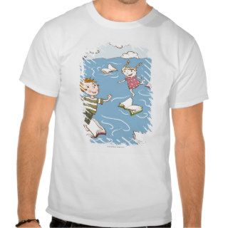 Two children hopping across floating books in tee shirt