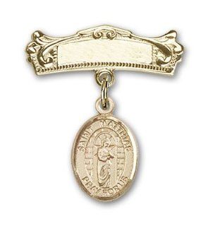JewelsObsession's 14K Gold Baby Badge with St. Matthias the Apostle Charm and Arched Polished Badge Pin Jewels Obsession Jewelry