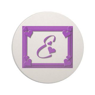Purple Hearts Frame with Mongram letter E Coasters