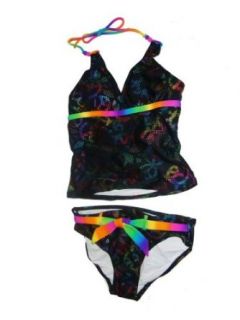 Girls 2pc Swimsuit NEON METALLIC PEACE SIGN Tankini (10, black/multi neon): Fashion Two Piece Swimsuits: Clothing