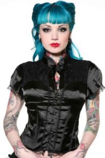 Living Dead Souls Womens Short Sleeve Satin CORSET TOP with Buttons  Black  XS: Clothing