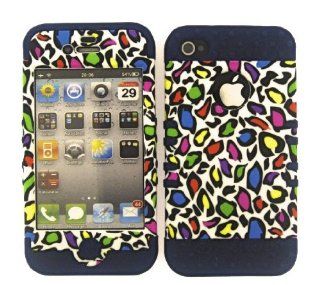 3 IN 1 HYBRID SILICONE COVER FOR APPLE IPHONE 4 4S HARD CASE SOFT DARK BLUE RUBBER SKIN LEOPARD DB TE446 KOOL KASE ROCKER CELL PHONE ACCESSORY EXCLUSIVE BY MANDMWIRELESS: Cell Phones & Accessories