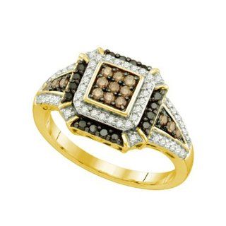 0.53 Carat (ctw) 10k Yellow Gold White, Brown & Black Diamond Ladies Cocktail Fashion Ring: Right Hand Rings: Jewelry