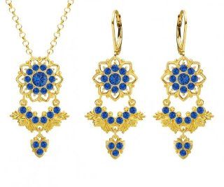 Lucia Costin Pendant and Earrings Set with Multi Petal Flowers and Leaf Elements, Designed with Blue Swarovski Crystals and Fancy Charm Accents; 24K Gold Plated over .925 Sterling Silver; Handmade in USA: Earring And Necklace Sets: Jewelry