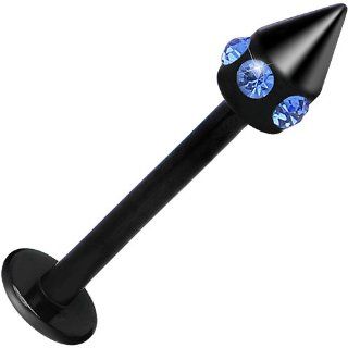 16 Gauge Black Anodized Titanium Blue Gem Cone Labret Monroe Body Piercing Rings Jewelry