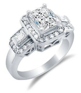 Solid 14k White Gold Emerald Cut Solitaire with Baguette and Round Side Stones Highest Quality CZ Cubic Zirconia Engagement Ring 2.75ct.: Sonia Jewels: Jewelry