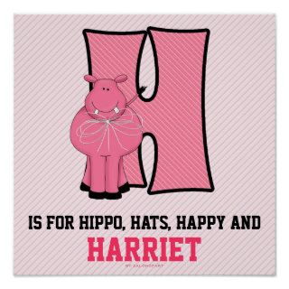 Pink Hippo Monogrammed "H" Baby Room Poster