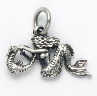 Sterling Silver Mermaid Playing with Seahorse Pendant/Charm: Jewelry