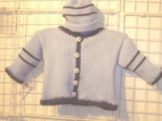 Ck625bd, . Knitted on Hand Knitting Machine Then Finished By Hand Crochet Infant Boys Outfit, Containing Blue Cotton with Denim Cotton Stripe Cardigan Sweater, Hat Set: Infant And Toddler Sweaters: Clothing