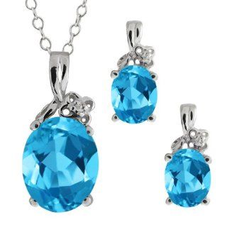 5.87 Ct Oval Swiss Blue Topaz Gemstone 18k White Gold Pendant Earrings Set: Jewelry Sets: Jewelry