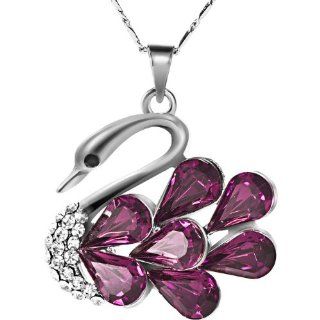 Neoglory Alloy Fashion Swan Necklace Purple Pendant Holiday Gift for Teen Girl 38cm Jewelry