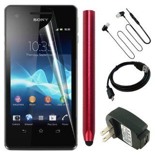 Skque Clear Anti Scratch Screen Protector Skin Film + Black Micro USB Charging Cable + Black USB Wall/Travel Charger + Aluminum Pencil Style Stylus Pen,Red + Black 3.5mm Stereo Headset for Mobile Phone Sony Xperia V LT25i Cellphone Cell Phones & Acces