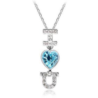 I Heart You Jewelry Pendant Necklace (I ❤ U) Turquoise Aqua Crystal Heart 18kplated silver Platinum Plated Cz Crystals Pendant Love Necklacememorable I Love You Message for That Special Loved One, Pendant Necklace Arrives in Gift Box: Jewelry