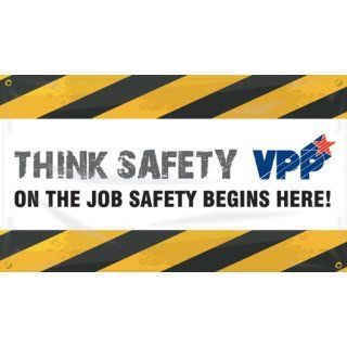 Accuform Signs MBR478 Reinforced Vinyl Motivational VPP Banner "THINK SAFETY ON THE JOB SAFETY BEGINS HERE!" with Metal Grommets, 28" Width x 4' Length, Black/Yellow/Gray on White: Industrial Warning Signs: Industrial & Scientific