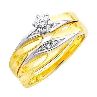 14K Yellow and White 2 Two Tone Gold Women's Round cut Diamond Enagagement Ring and Wedding Band 2 Pieces Bridal Set (0.1 CTW., G H Color, SI Clarity) Jewelry