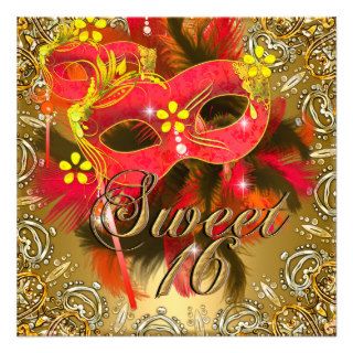 Sweet Sixteen 16 Masquerade Red Yellow Gold Invitations