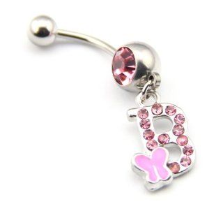 316L Surgical Steel 14 Guage Letter B Dangle Cute Pink Gem Crystal Navel Belly Bar Ring Stud Button Fashion Girl Women Body Piercing Jewelry 14G 1.6mm 7/16 Inch Size: Belly Ring With B: Jewelry