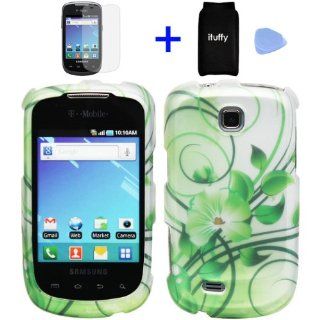 (4 items Combo: Accessories Pouch, Screen Protector Film, Case Opener, Graphic Case) Silver Green Flower Vine Design Rubberized Snap on Hard Cover Protector Shell Faceplate Skin Case for T Mobile Samsung Dart T499 / TASS T 499: Cell Phones & Accessorie