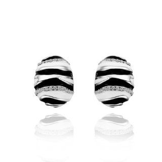 18K White Gold Plated Crystal Accent Black and White Enamel Striped Oval Stud Earrings: Jewelry