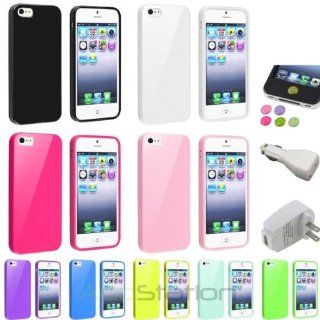 NEW YEAR  Bargain 2014 deal Color Jelly Gel TPU Rubber Case+White AC+Car Charger+Sticker For iPhone 5 5S PlEASE CHOOSE 1 COLOR Cell Phones & Accessories