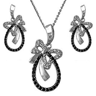 Designer Bow Black & White Cz Pendant Necklace & Earring Jewelry Set Solid .925 Sterling Silver: Jewelry