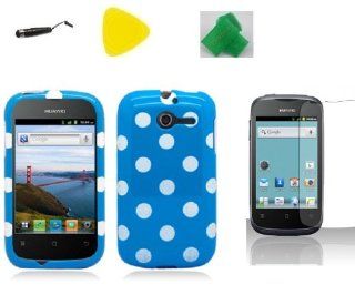 Huawei Ascend Y M866 H866C Blue Polka Dot Faceplate Phone Case Cover + Stylus Pen + Screen Protector + Yellow Pry Tool + Extreme Band Cell Phone Accessory: Cell Phones & Accessories
