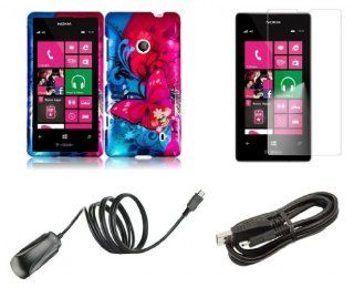 Nokia Lumia 521 / 520   Accessory Combo Kit   Blue and Red Butterfly Design Shield Case + Atom LED Keychain Light + Screen Protector + Micro USB Cable + Wall Charger: Cell Phones & Accessories