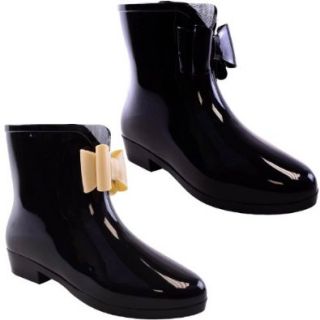 Ladies Womens Wellington Ankle Boots Wellies Rain Snow Winter   Black Rubber with Black Bow: Shoes