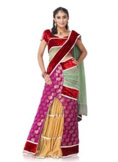 IndusDiva Women's Multicolor Velvet Lehenga Saree: World Apparel: Clothing