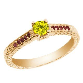0.35 Ct Canary Diamond Red Rhodolite Garnet 18K Yellow Gold Engagement Ring: Jewelry
