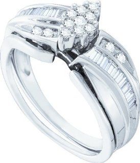 Wedding Ring Set 0.40CTW ROUND BAGGUETTE DIAMOND LADIES CLUSTER BRIDAL SET 10KT White Gold: Jewelry