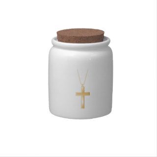 Gold cross and chain, looks like real jewelry. candy jars