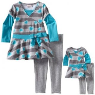 Dollie & Me Girls Dress Legging With Matching Doll Outfit, Gray/Turquoise, 4T Clothing