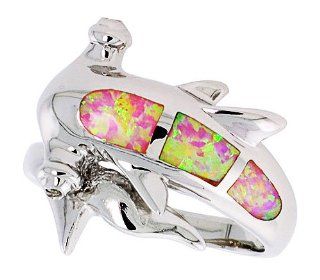 14K White Gold Plated Sterling Silver Synthetic Pink Opal Hammerhead Shark Ring For Women 19MM ( Size 6 to 9): Jewelry
