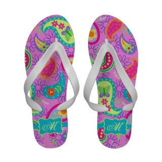 Magenta Pink Turquoise Modern Paisley Monogram Flip Flops