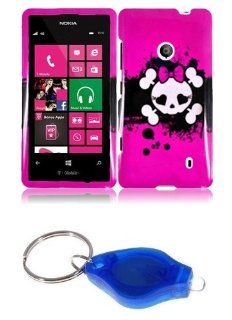 Hot Pink Bow Skull Design Shield Case + Atom LED Keychain Light for Nokia Lumia 521 / 520: Cell Phones & Accessories