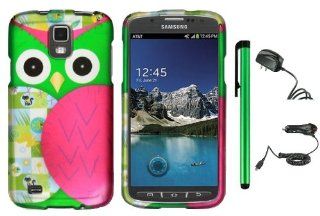 Samsung Galaxy S4 ACTIVE i537 i9295 (AT&T) Combination   Premium Pretty Design Protector Hard Cover Case + Travel (Wall) Charger & Car Charger + 1 of New Metal Stylus Touch Screen Pen (Green Pink Owl) Cell Phones & Accessories