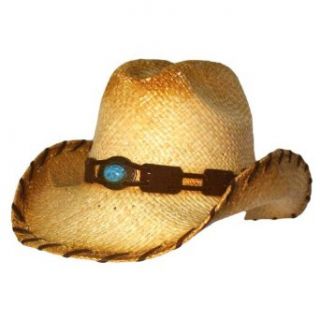 Luxury Divas Raffia Cowboy Hat With Brown Stitch Trim & Turquoise Buckle at  Mens Clothing store