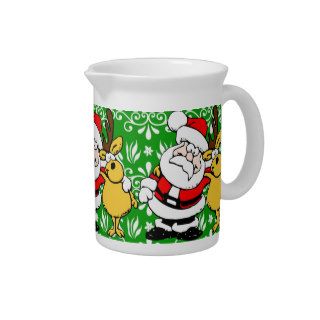 Santa & Rudolph on Green Background Beverage Pitchers