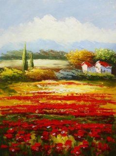 Flower Field Landscape Painting Italian Tuscany Red Poppy Field 100% Hand Painted Art Wall Art Canvas Art Abstract Oil Painting Free Shipping (Unframed and Unstretched)  