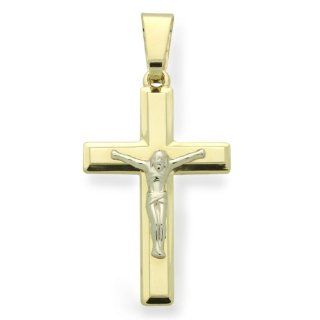 14K Gold Cross Pendant Jesus Crucifix Italian Two Tone Gold Pendant, 0.8" X 1.6": Jewelry