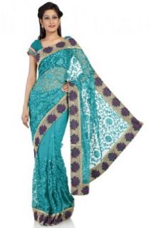 Chhabra 555 Womens Emerald Green Net Saree One Size: Clothing