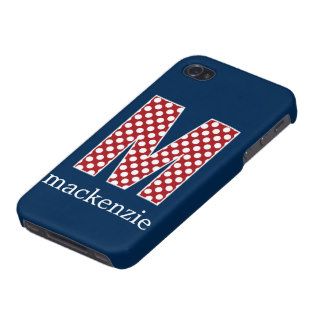 Navy and Red Polka Dots with Monogram Letter M iPhone 4 Covers