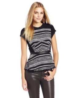 Rebecca Taylor Women's Short Sleeve Stripe Tweed Peplum Top with Leather, Black/White, 0 at  Womens Clothing store